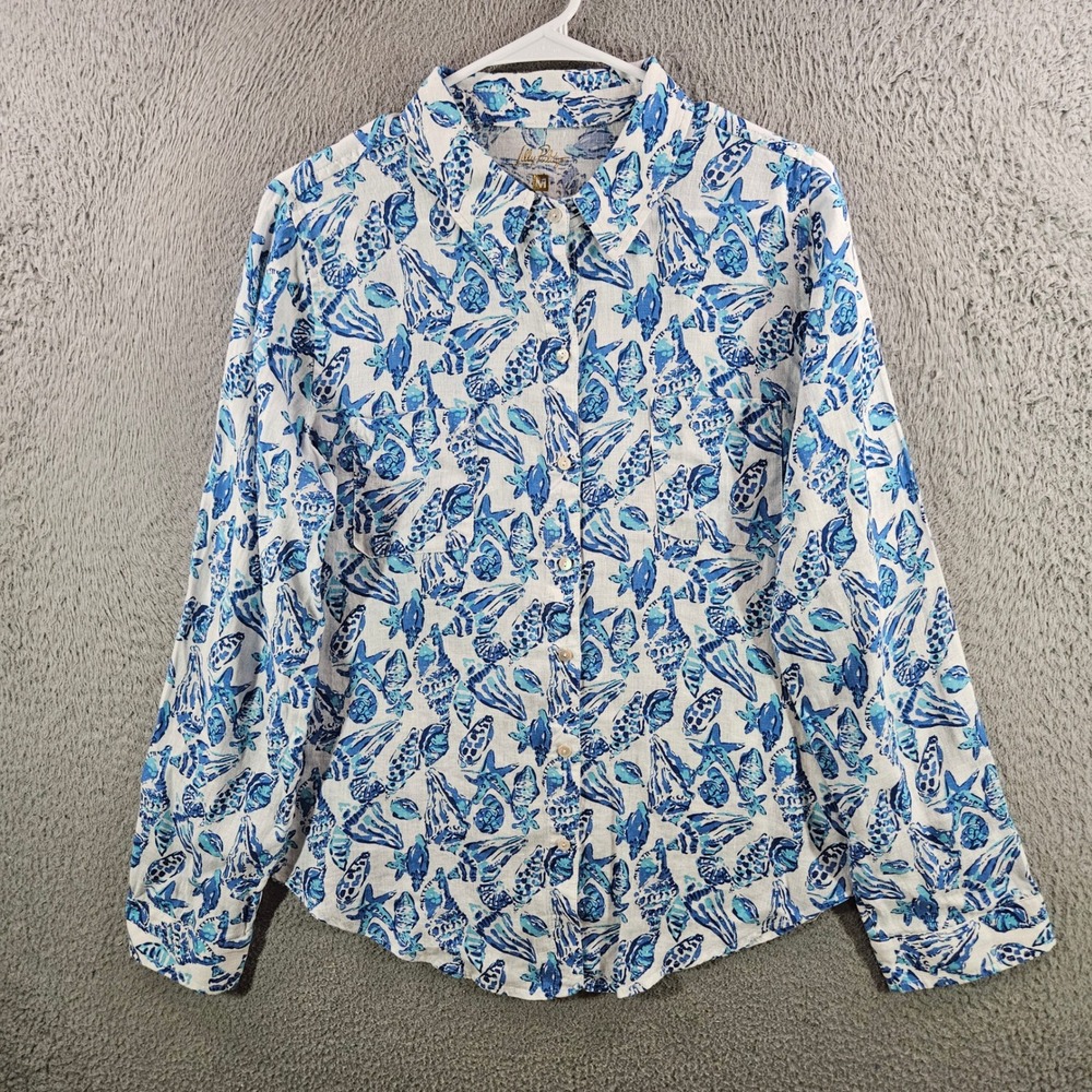 Lilly Pulitzer Womens Linen Button Down Shirt Blue Seashell Coastal Print Size M